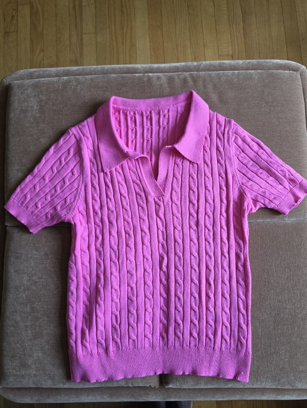 Cable Knit Sweater Short Sleeve Polo Top V Neck Bright Hot Pink Sz L - Picture 2 of 6